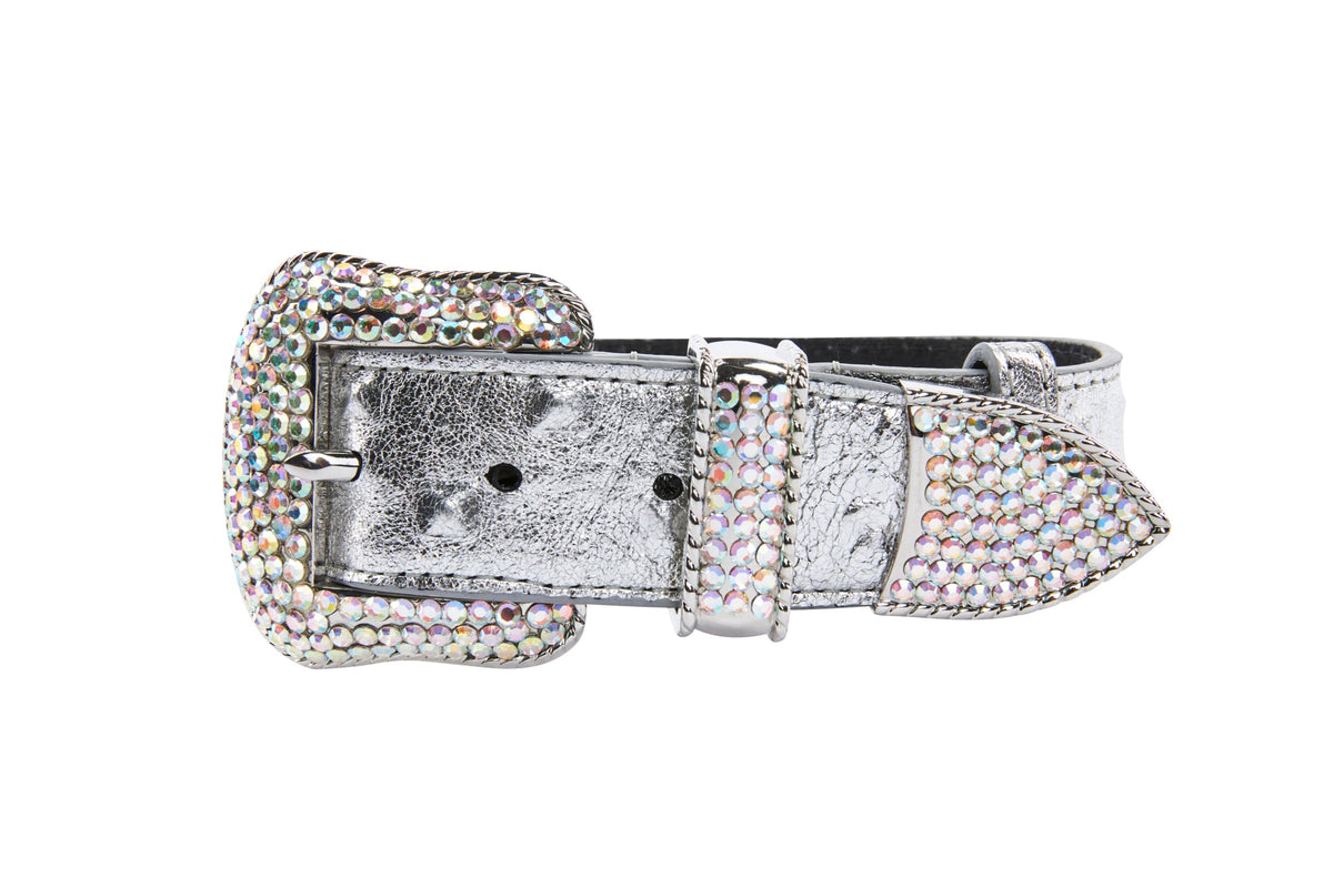 Allysa Payne Silver Studded Italian Leather Swarovski Crystal Dog Collar
