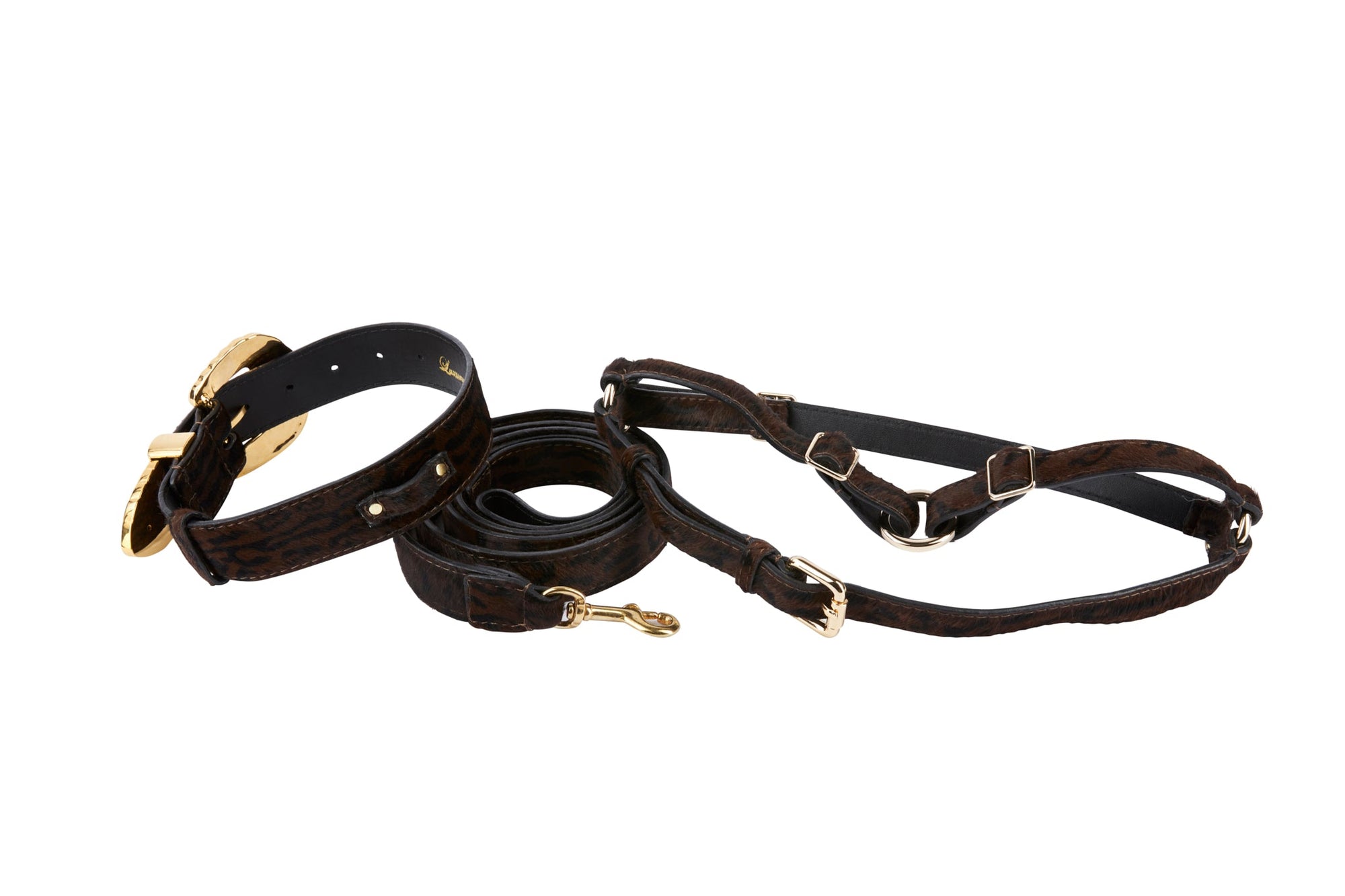 Allysa Payne Dark Leopard Hair On Hide Italian Leather, Ornate Italian Swarovski Crystal Hardware Dog Collar, Leash & Harness Set