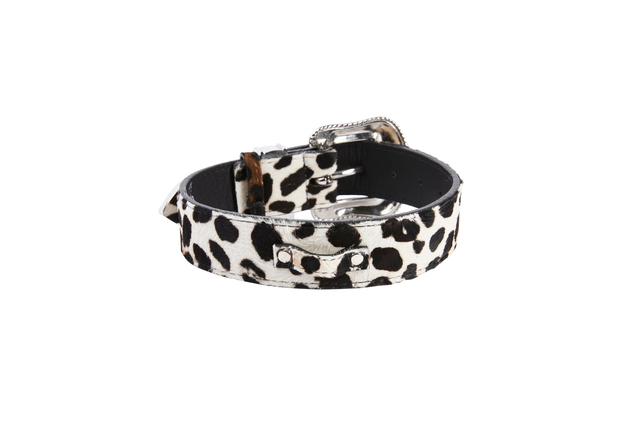 Snow Leopard Print Hair On Hide Italian Leather  Collar With Swarovski Crystal Hardware