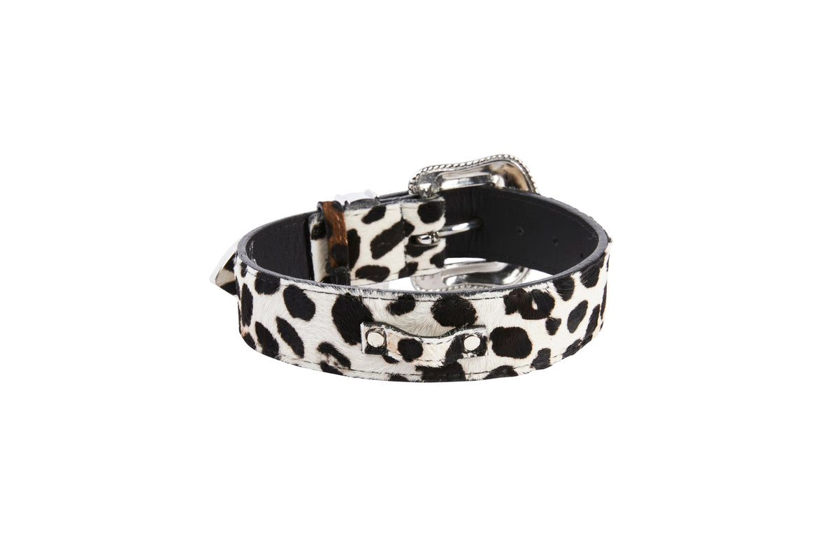 Allysa Payne Snow Leopard Print Hair On Hide Italian Leather Dog Collar With Swarovski Crystal Hardware
