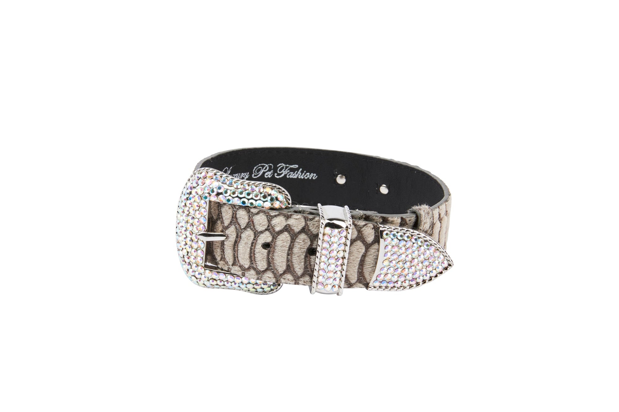 Allysa Payne Grey Snake Print Hair On Hide Italian Leather Dog Collar With Swarovski Crystal Hardware
