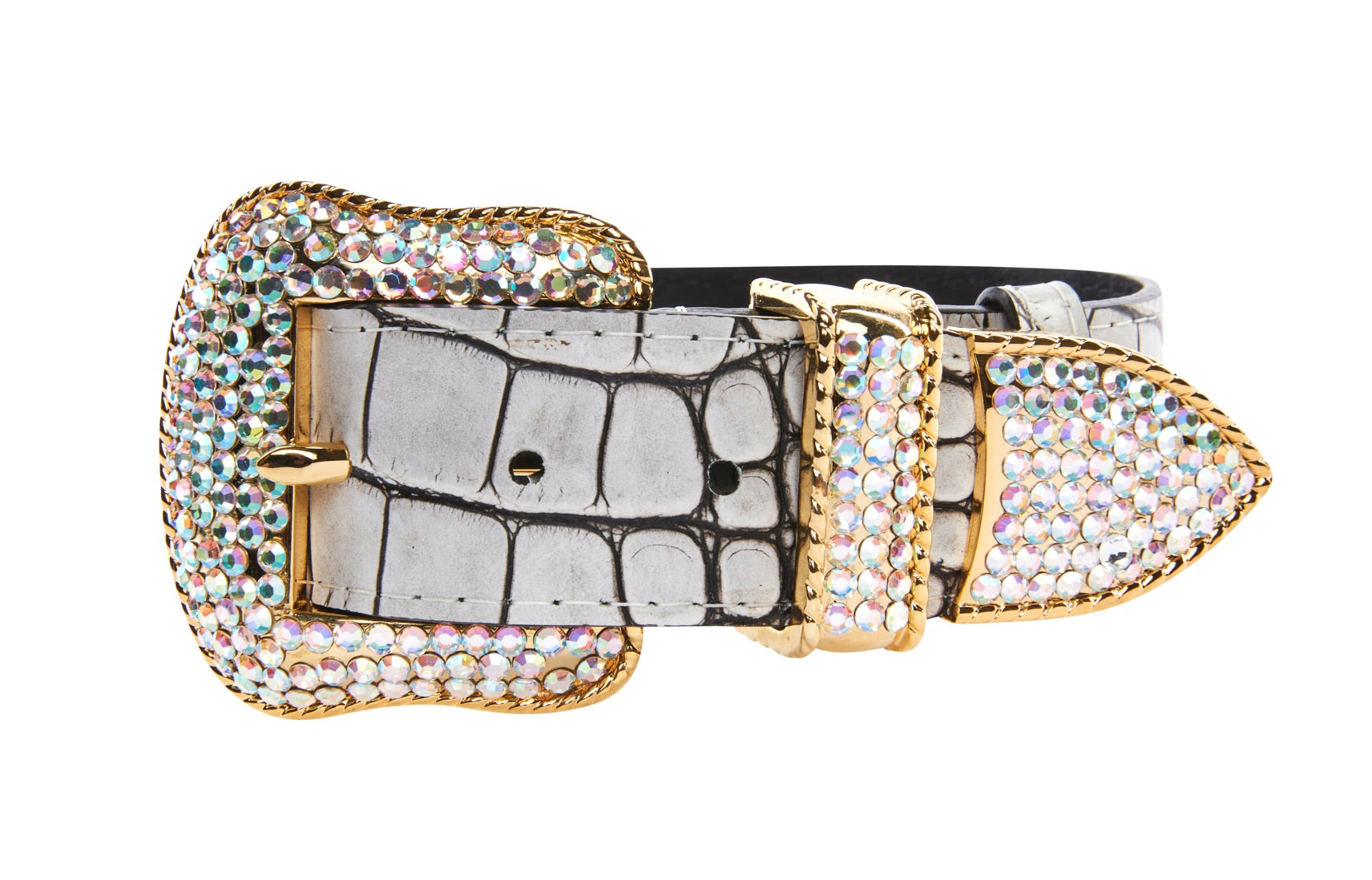 Allysa Payne Dark Brown/Off White Embossed Croc Italian Leather Dog Collar With Gold Swarovski Hardware