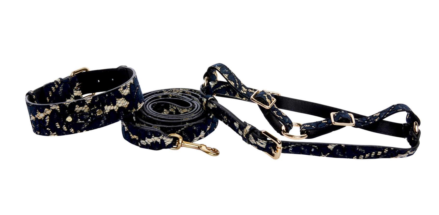 Dark Navy Lace On Gold Italian Leather Classic Collar, Leash & Harness Set