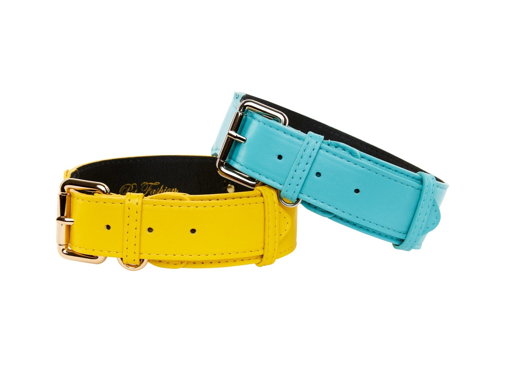 Turquoise Italian Leather/Silver Classic Hardware Collar & Yellow Italian Leather/Classic Gold Hardware Set