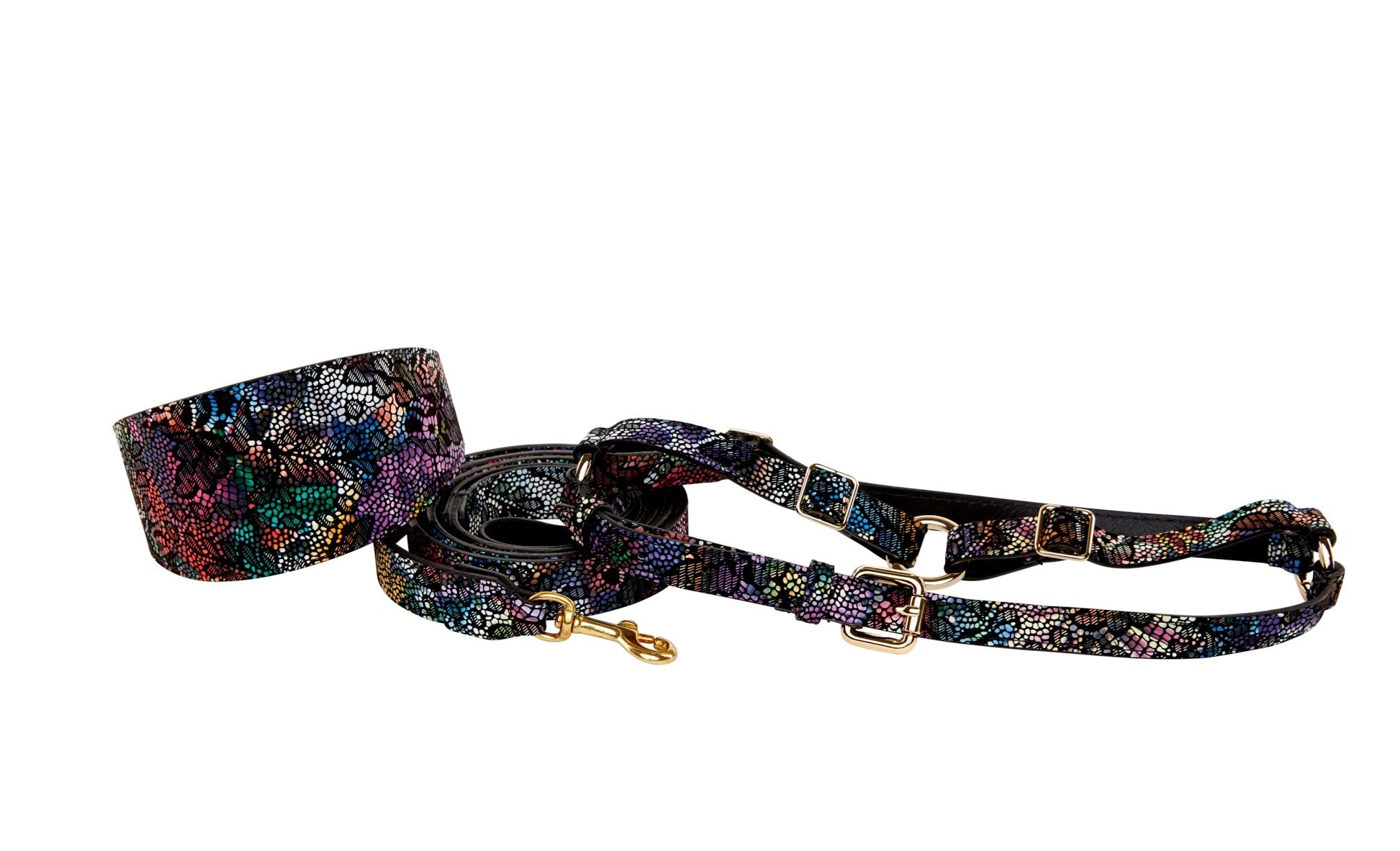 Floral/Lace Embossed Italian Leather 3" Wide Style Collar, Leash, Harness Set
