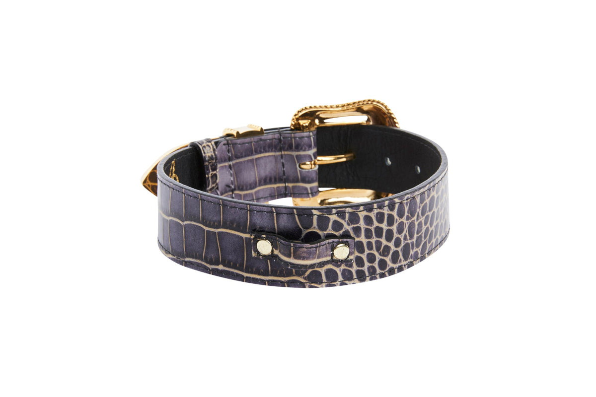 Allysa Payne Purple & Gold Embossed Croc Italian Leather/Swarovski Crystal Dog Collar