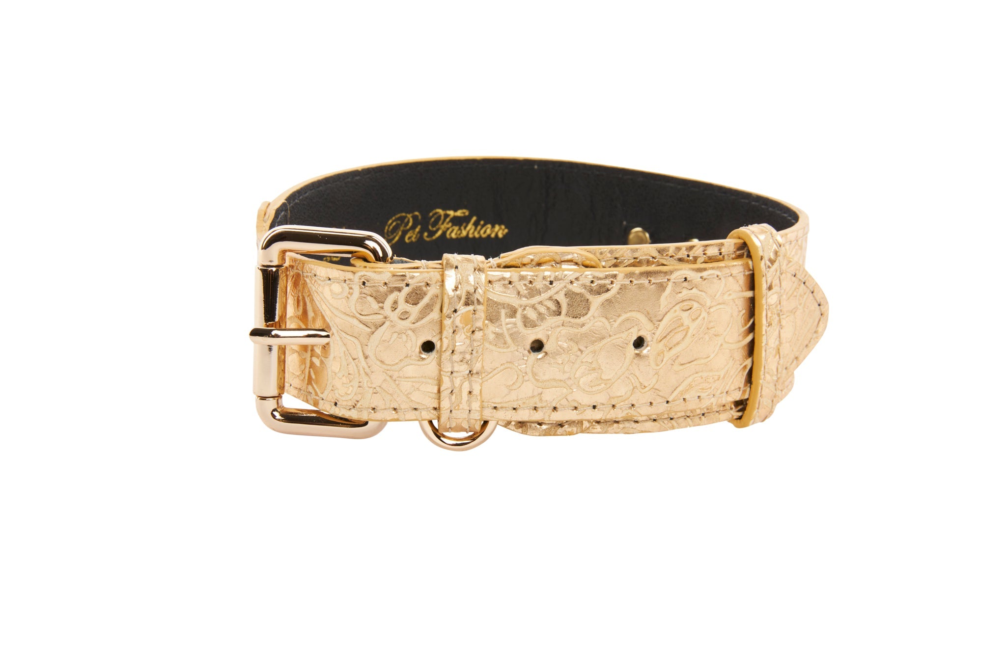 Gold Floral Print Italian Leather With Gold Classic Collar Hardware