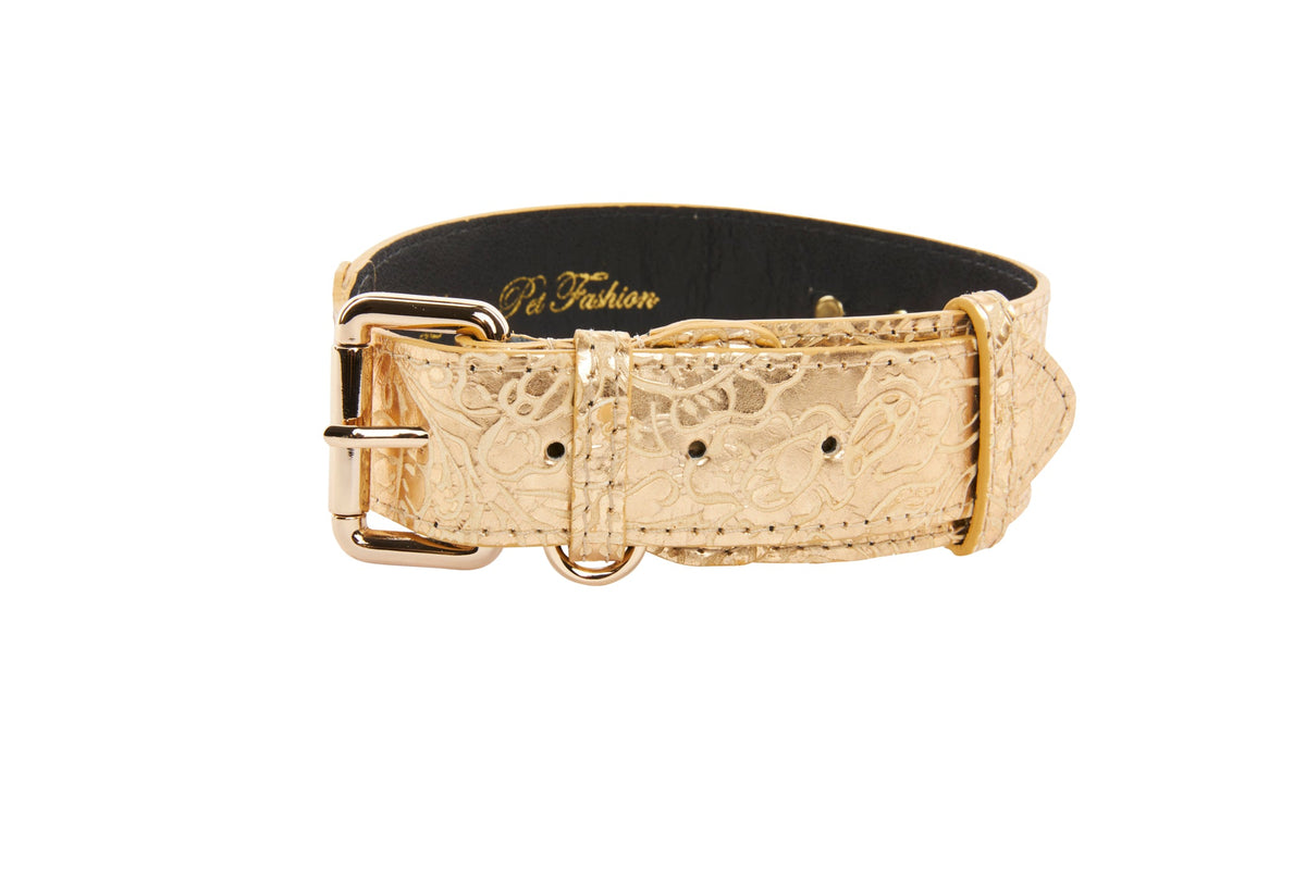 Allysa Payne Gold Floral Print Italian Leather With Gold Classic Dog Collar Hardware