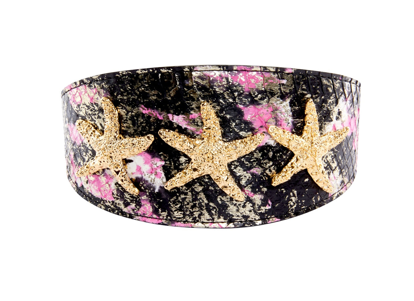 Black, White, Pink, Gold Snake 3" Wide Style Collar With Custom Starfish