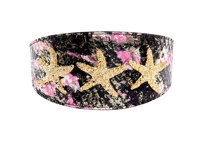 Black, White, Pink, Gold Snake 3" Wide Style Collar With Custom Starfish