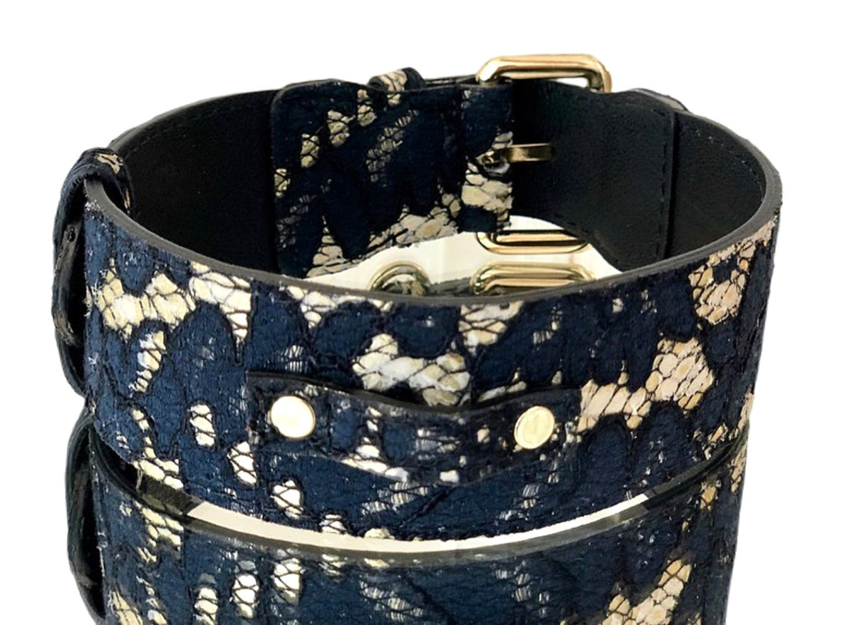 Allysa Payne Luxury Pet Fashion Navy Lace Over Leather Dog Collar