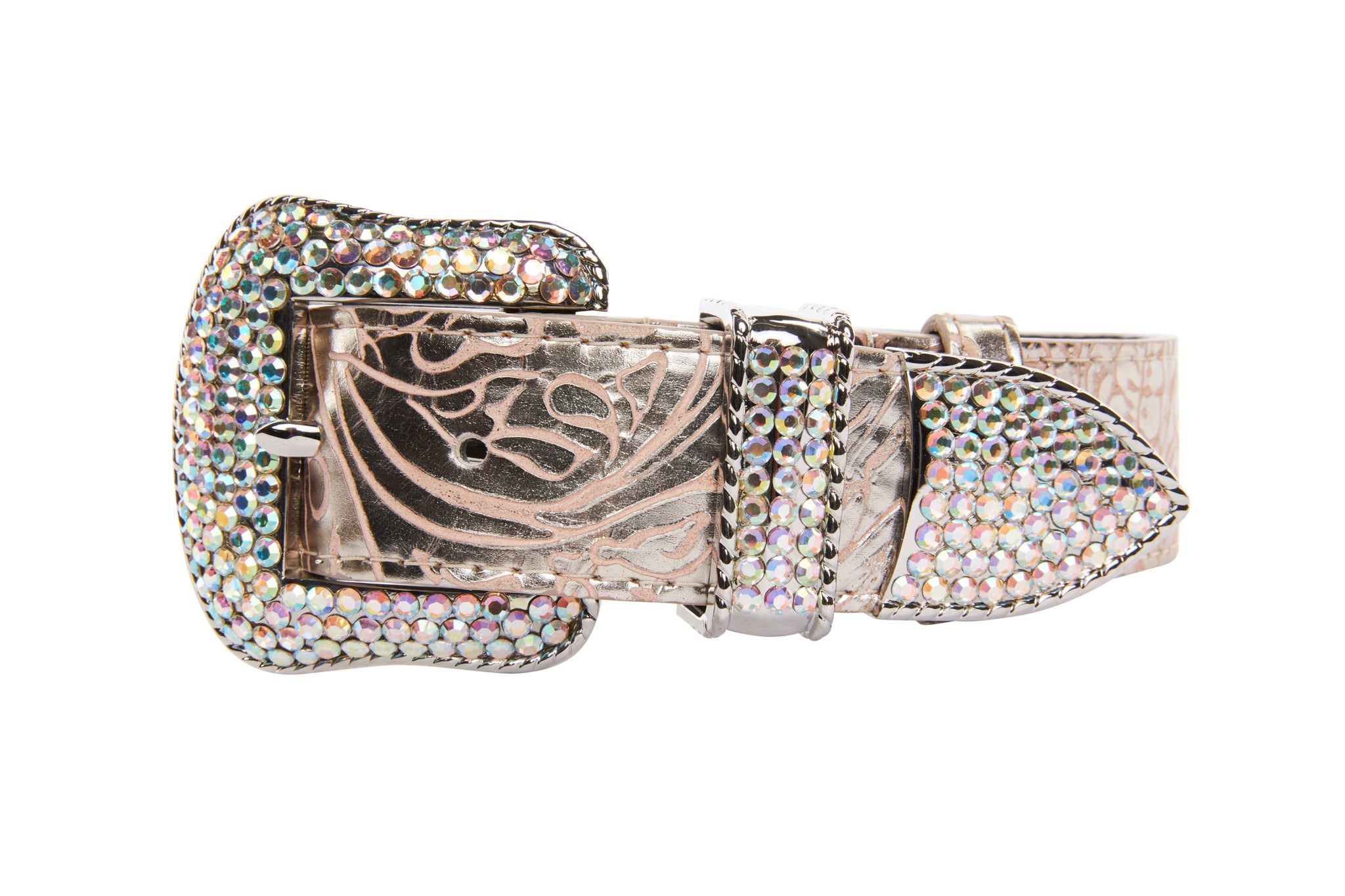 Soft Pink/Silver Floral Print Italian Leather With Silver Swarovski Crystal Hardware