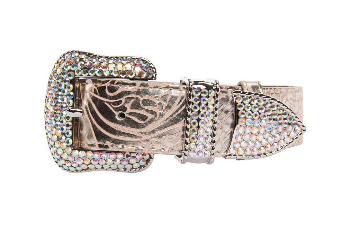 Allysa Payne Soft Pink/Silver Floral Print Italian Leather With Silver Swarovski Crystal Hardware Dog Collar