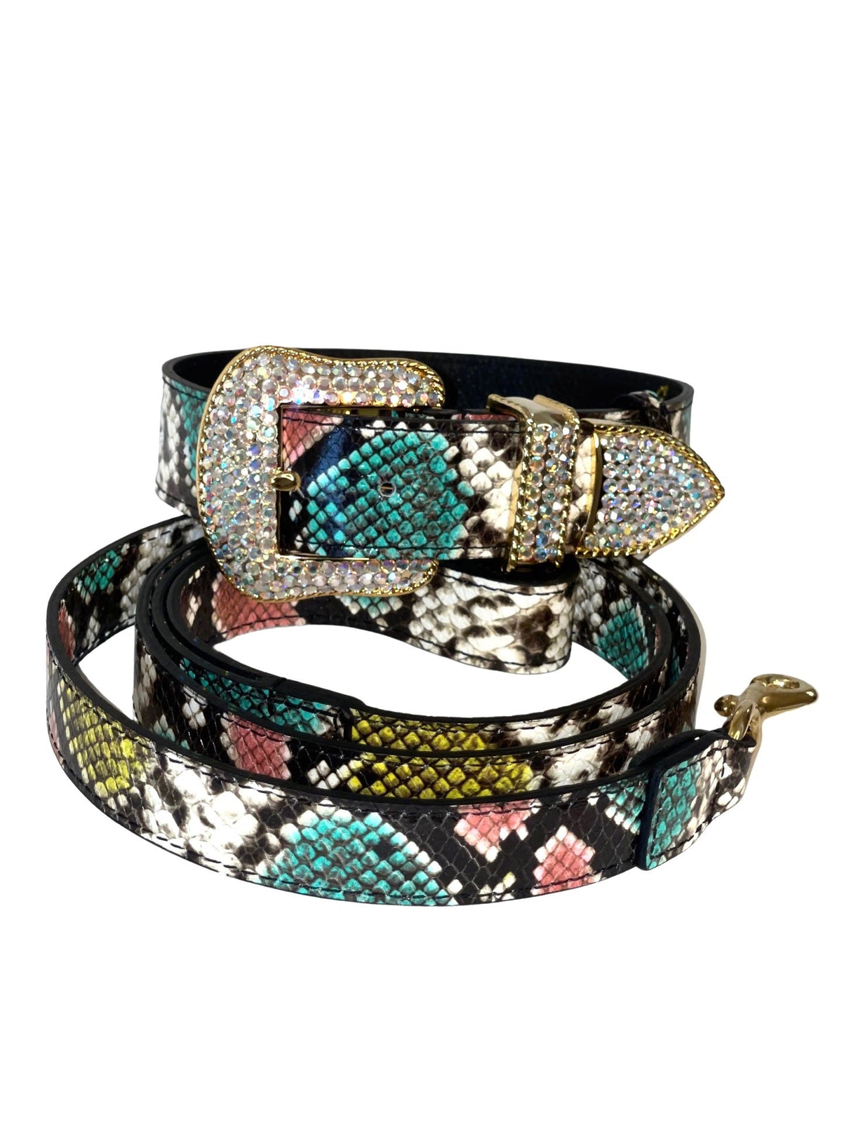 Allysa Payne Multi-Color Embossed Snake Italian Leather , with our Italian Made Swarovski Crystal Hardware Dog Collar & Leash Set