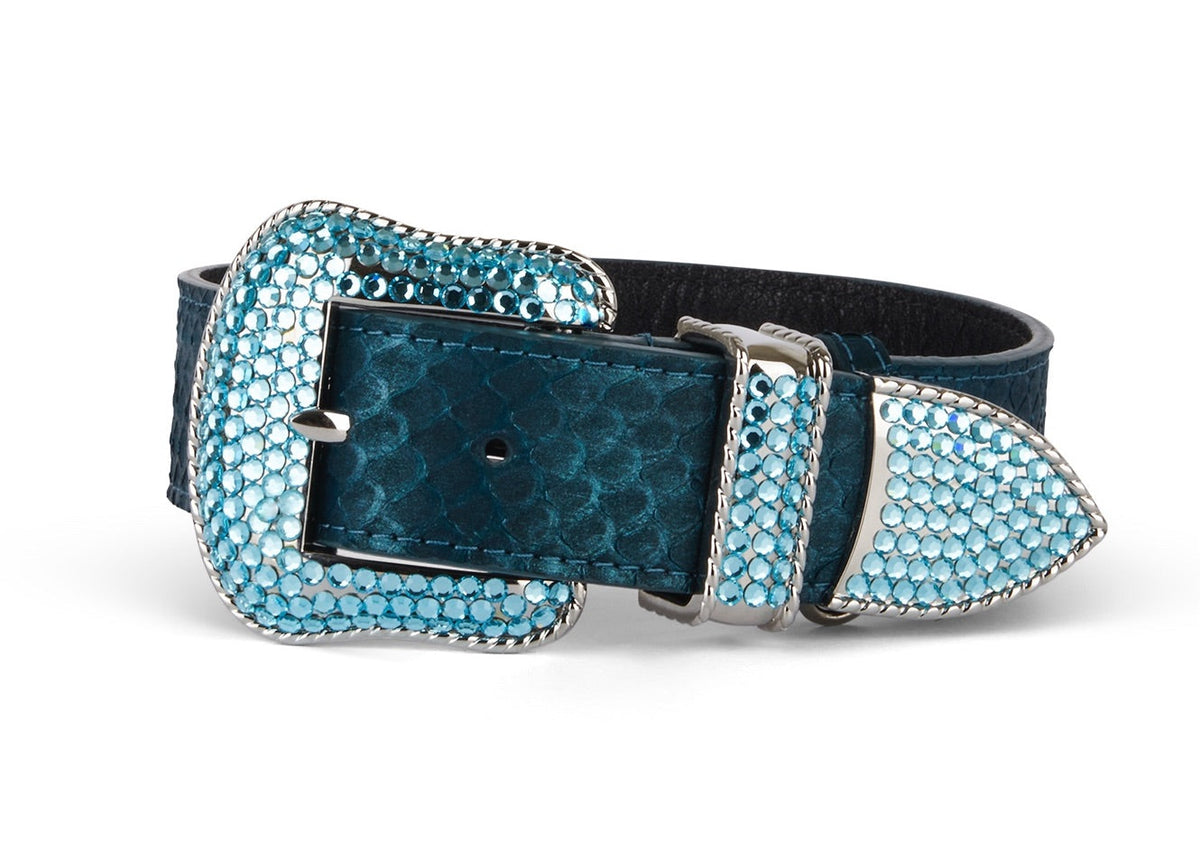 Allysa Payne Iridescent Matte Blue/Green Snake Blue Swarovski Crystal Hardware Dog Collar