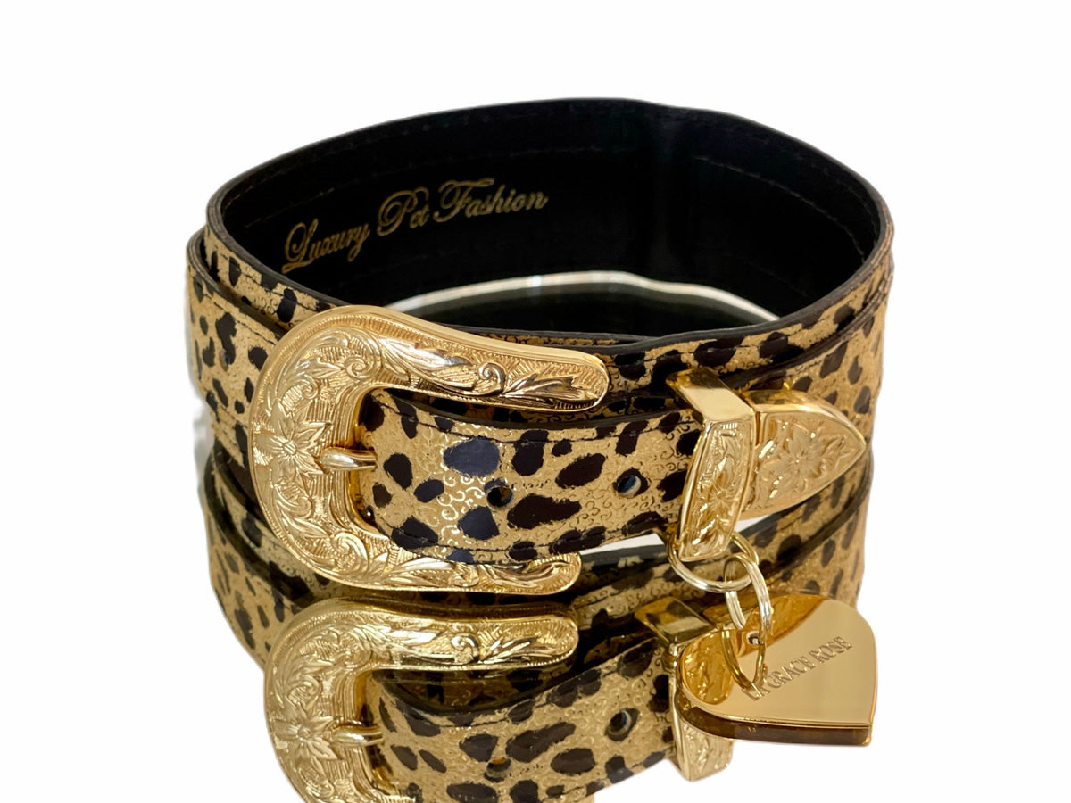 Allysa Payne Luxury Pet Fashion Classy Leopard Print Italian Leather With Our Gold Western Style Floral Hardware