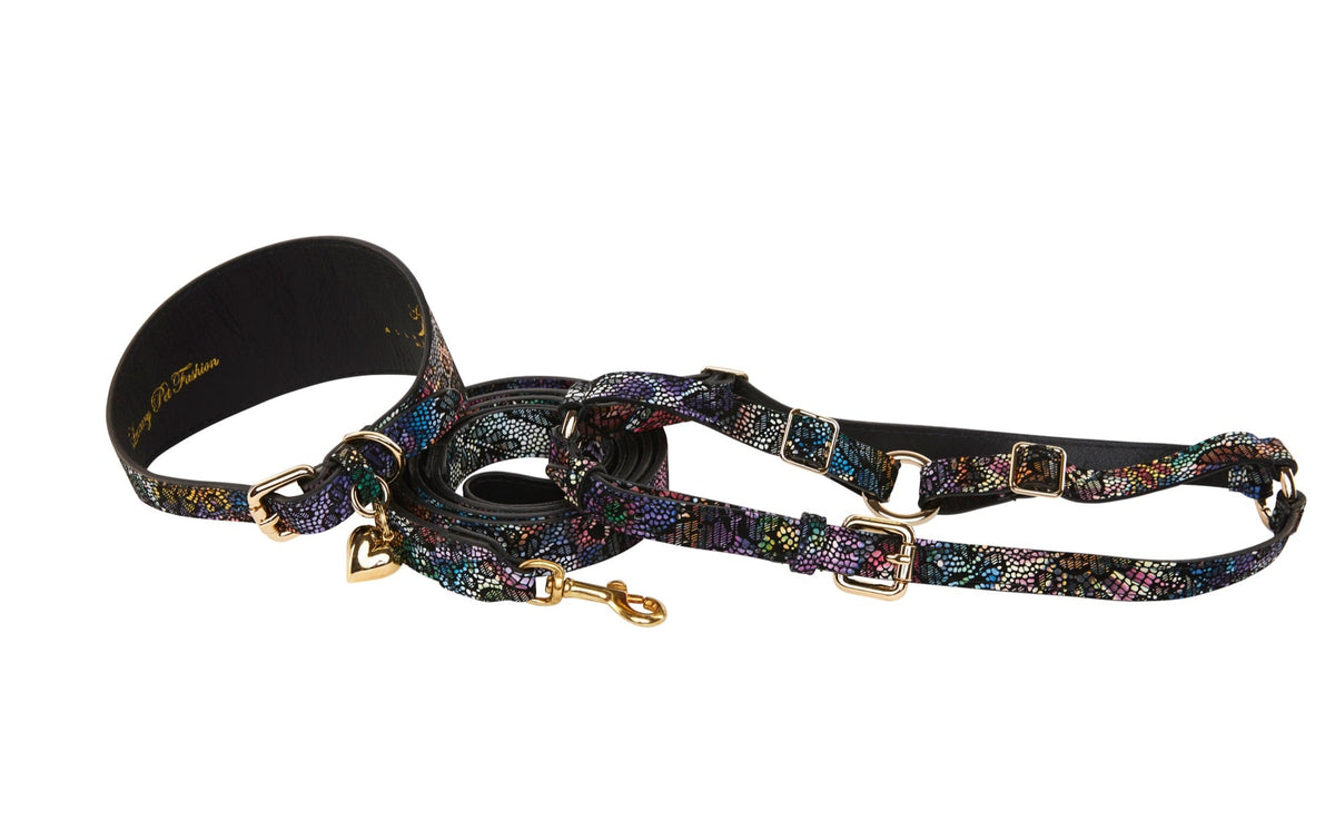 Allysa Payne Floral/Lace Embossed Italian Leather 3-Inch Wide Style Dog Collar, Leash & Harness Set