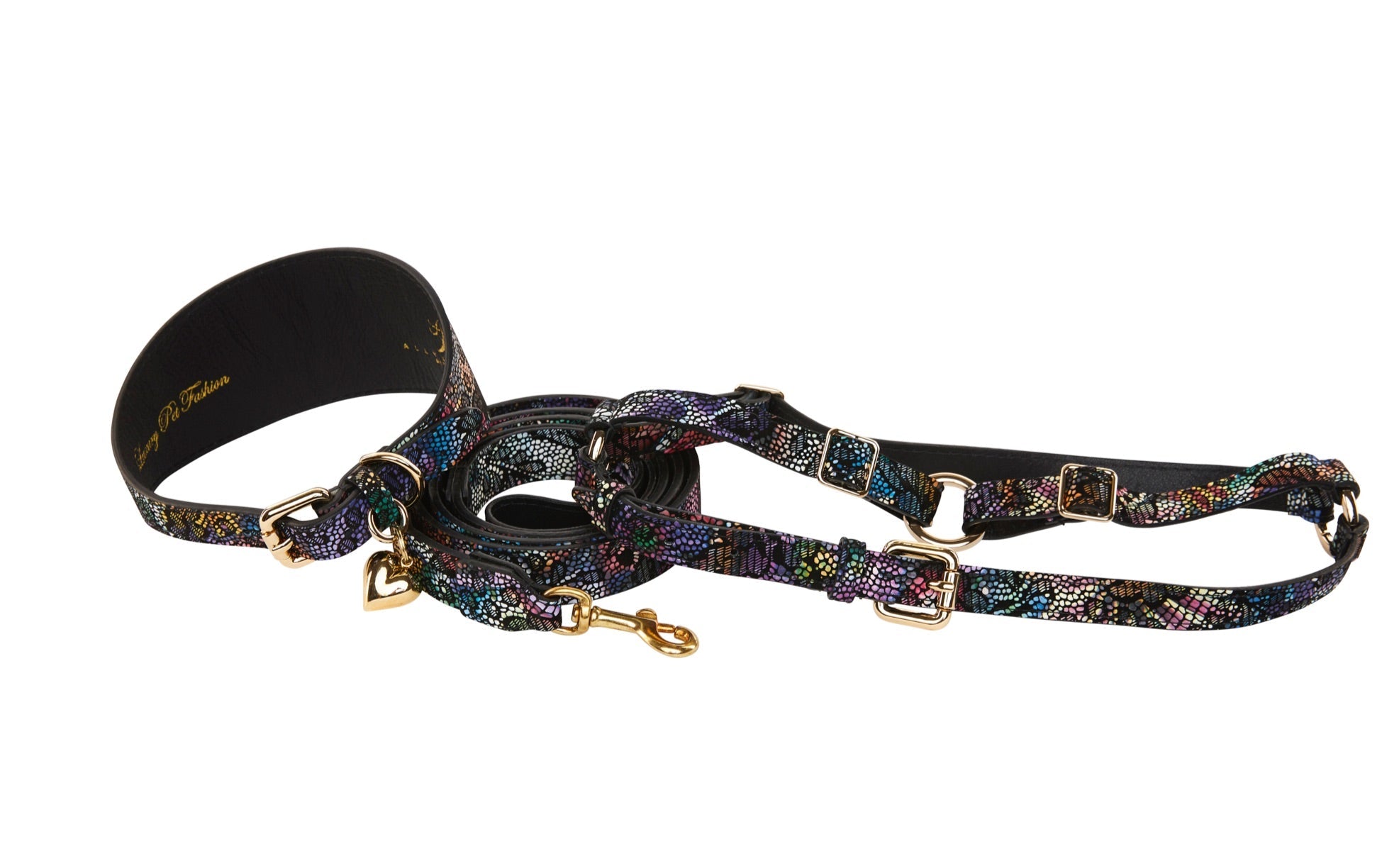 Floral/Lace Embossed Italian Leather 3" Wide Style Collar, Leash, Harness Set