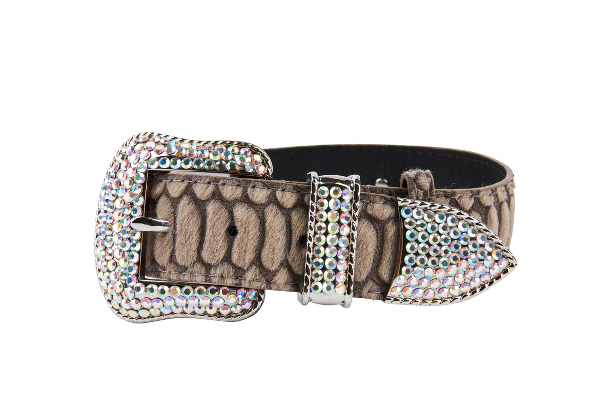 Allysa Payne Grey Snake Print Hair On Hide Italian Leather Dog Collar With Swarovski Hardware