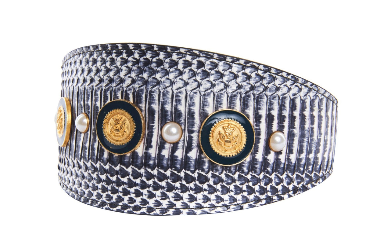 Allysa Payne Nautical Collection. White & Navy Snake With Nautical Navy & Gold Rivets & Pearls Dog Collar