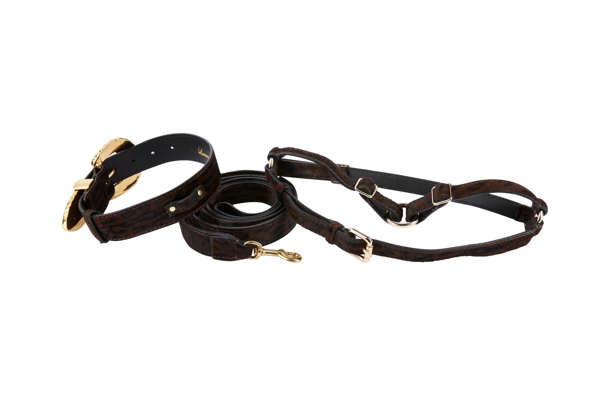Allysa Payne Dark Leopard Hair On Hide Italian Leather, Ornate Italian Swarovski Crystal Hardware Dog Collar, Leash & Harness Set