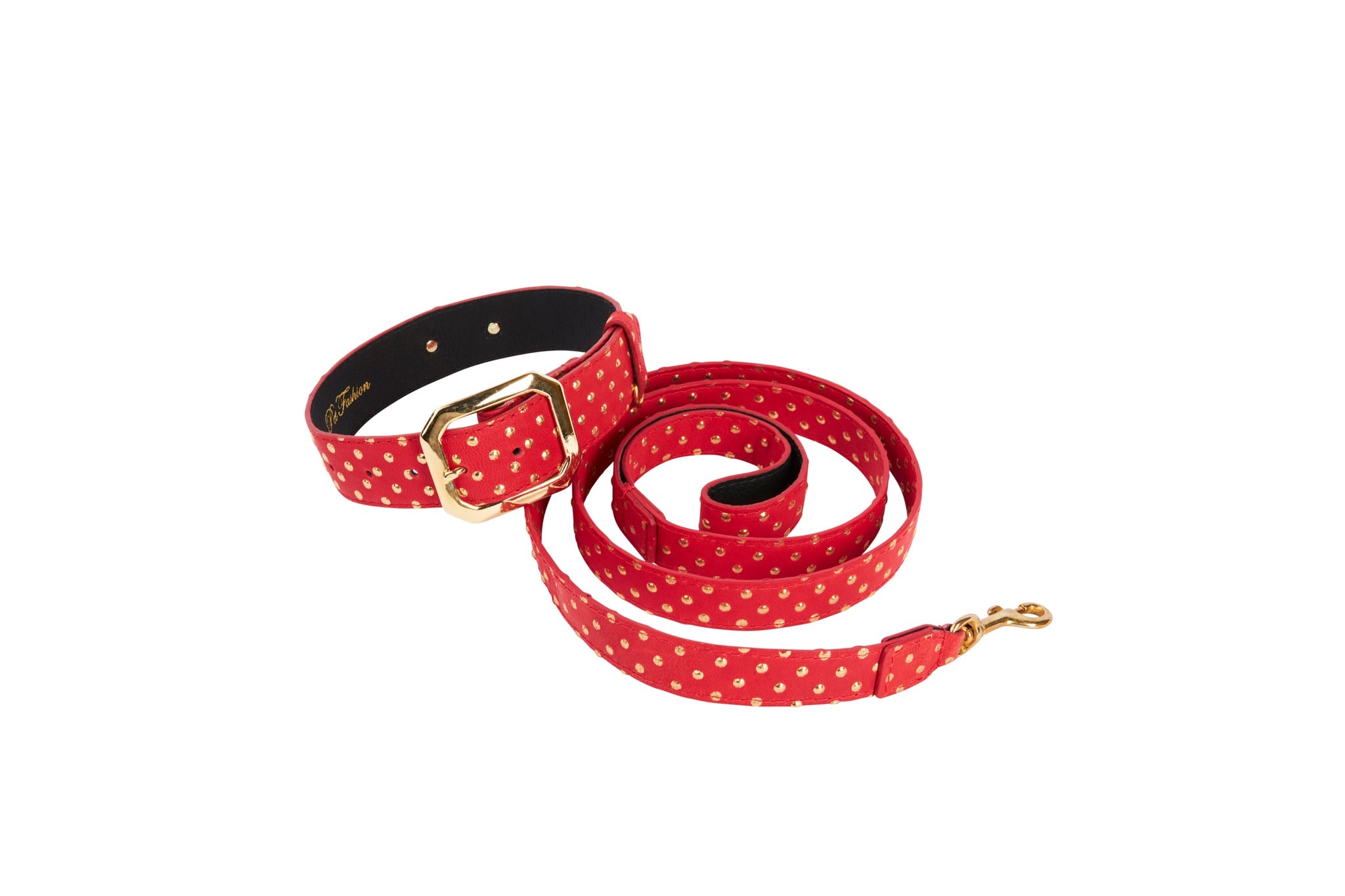 Red & Gold Polka Dot Italian Leather Collar With Modern Italian Hardware