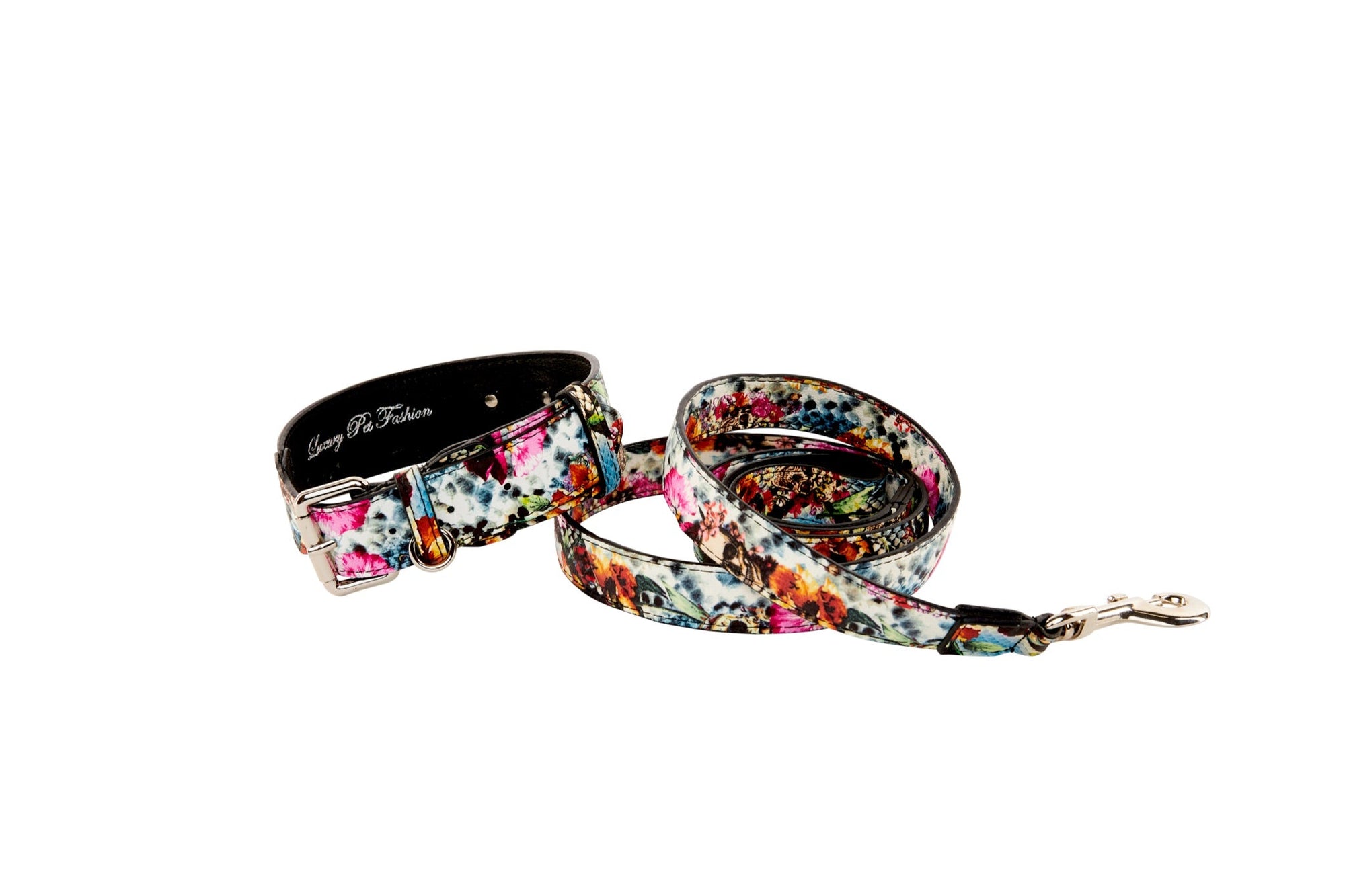Allysa Payne Floral, Scull, Snake Print Italian Leather Classic Dog Collar & Leash Set