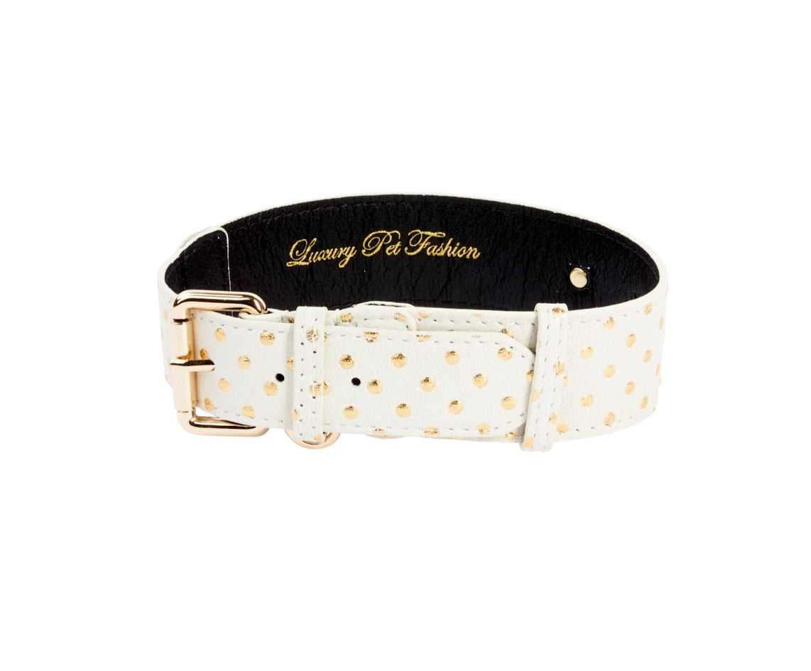 Allysa Payne White & Gold Polka Dot Italian Leather Classic Dog Collar