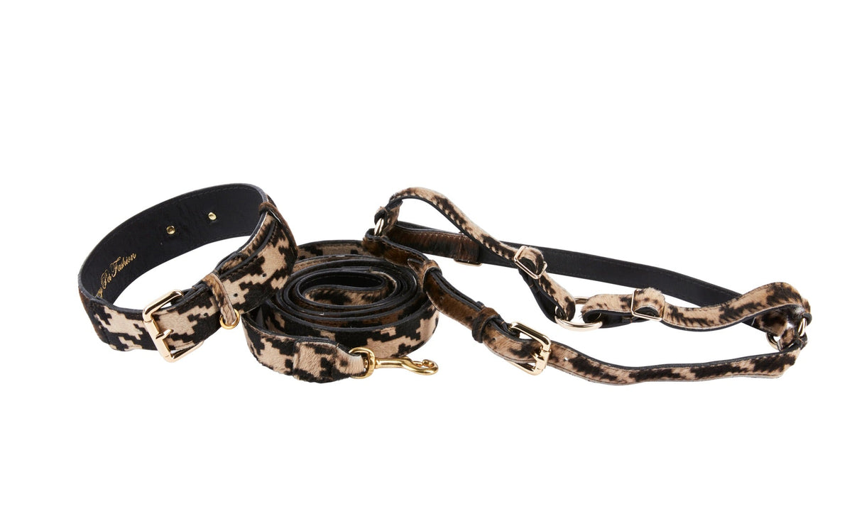Allysa Payne Houndstooth Hair-on-Hide Italian Leather With Classic Hardware Dog Collar, Leash & Harness Set
