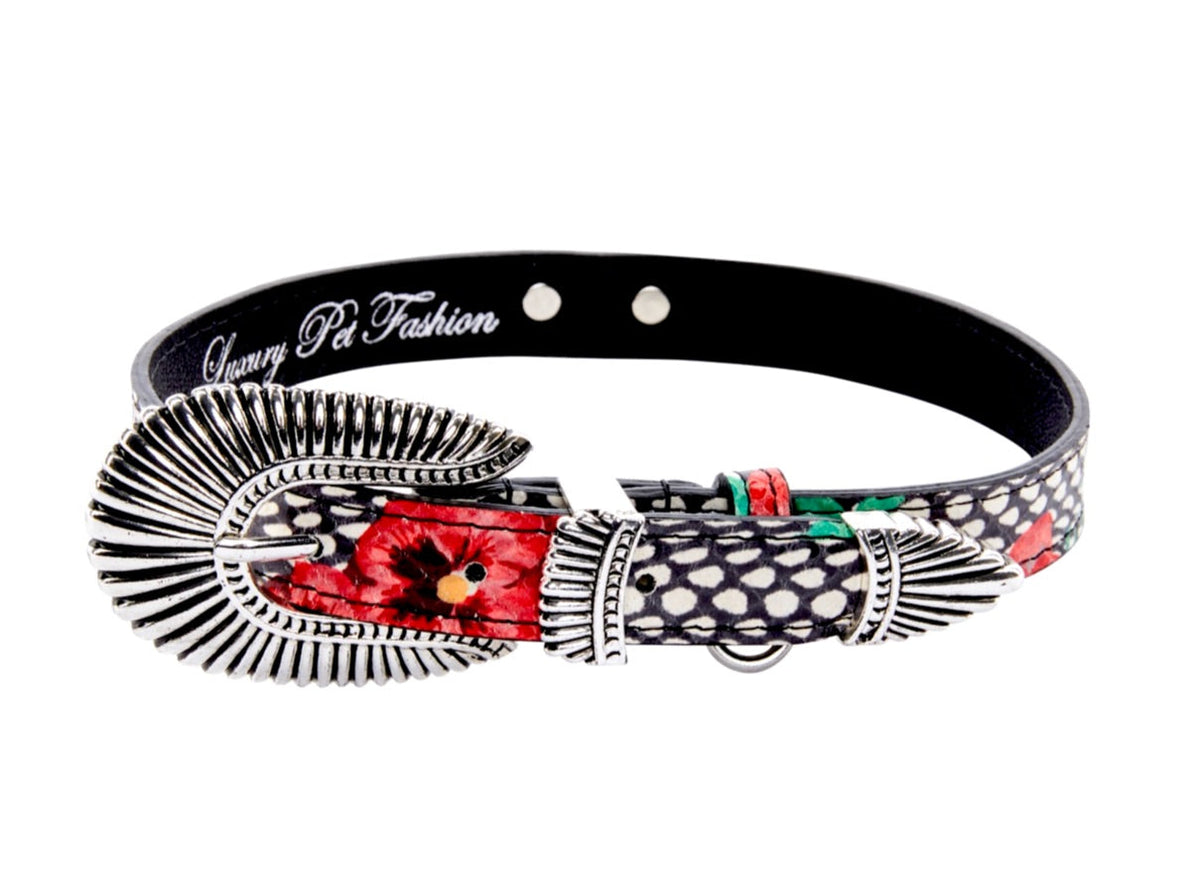 Allysa Payne Pansy and Snake Print Embossed Italian Leather With Ornate Italian Hardware Dog Collar