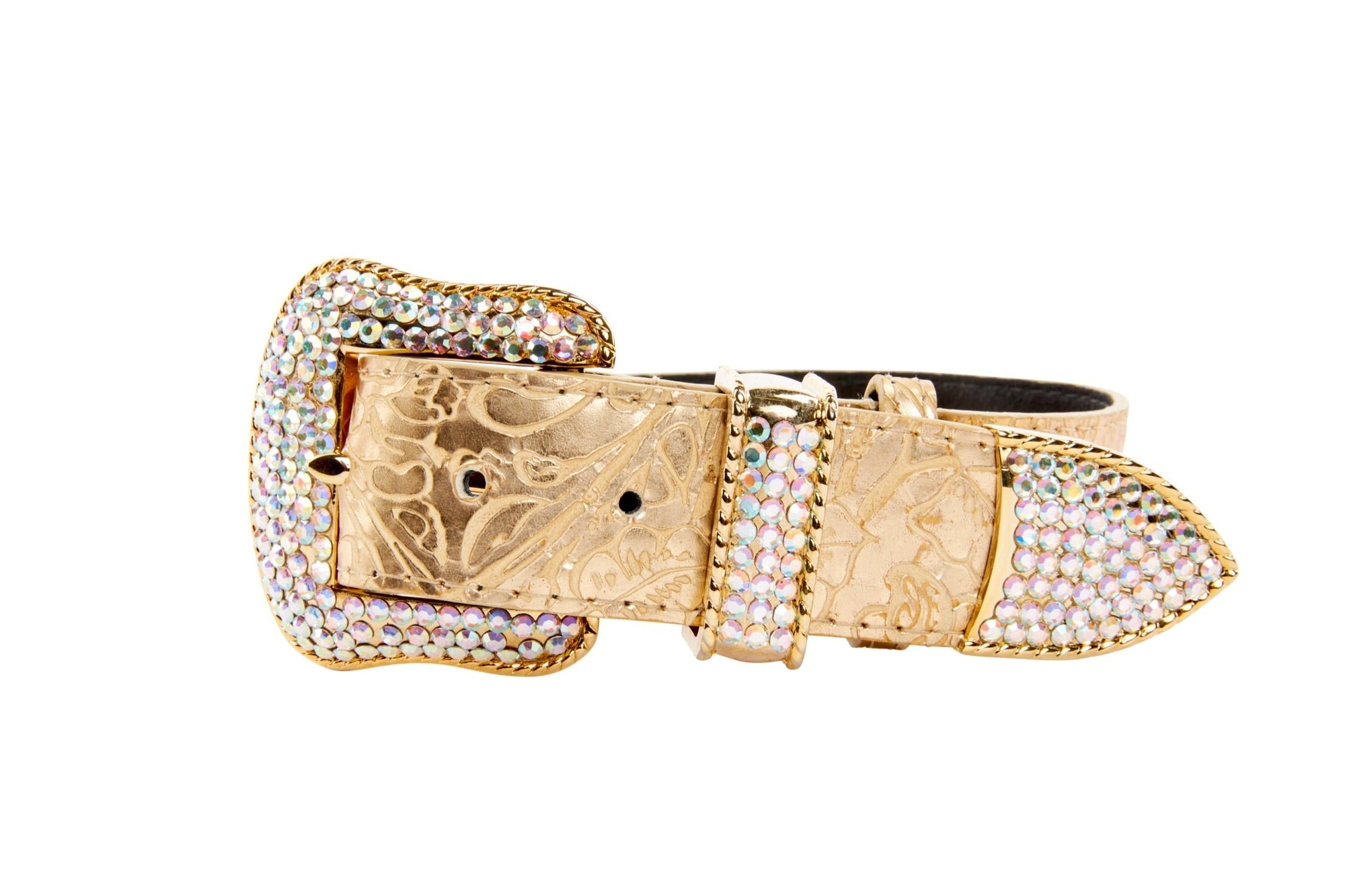 Allysa Payne Gold Floral Print Italian Leather With Swarovski Crystal Hardware Dog Collar