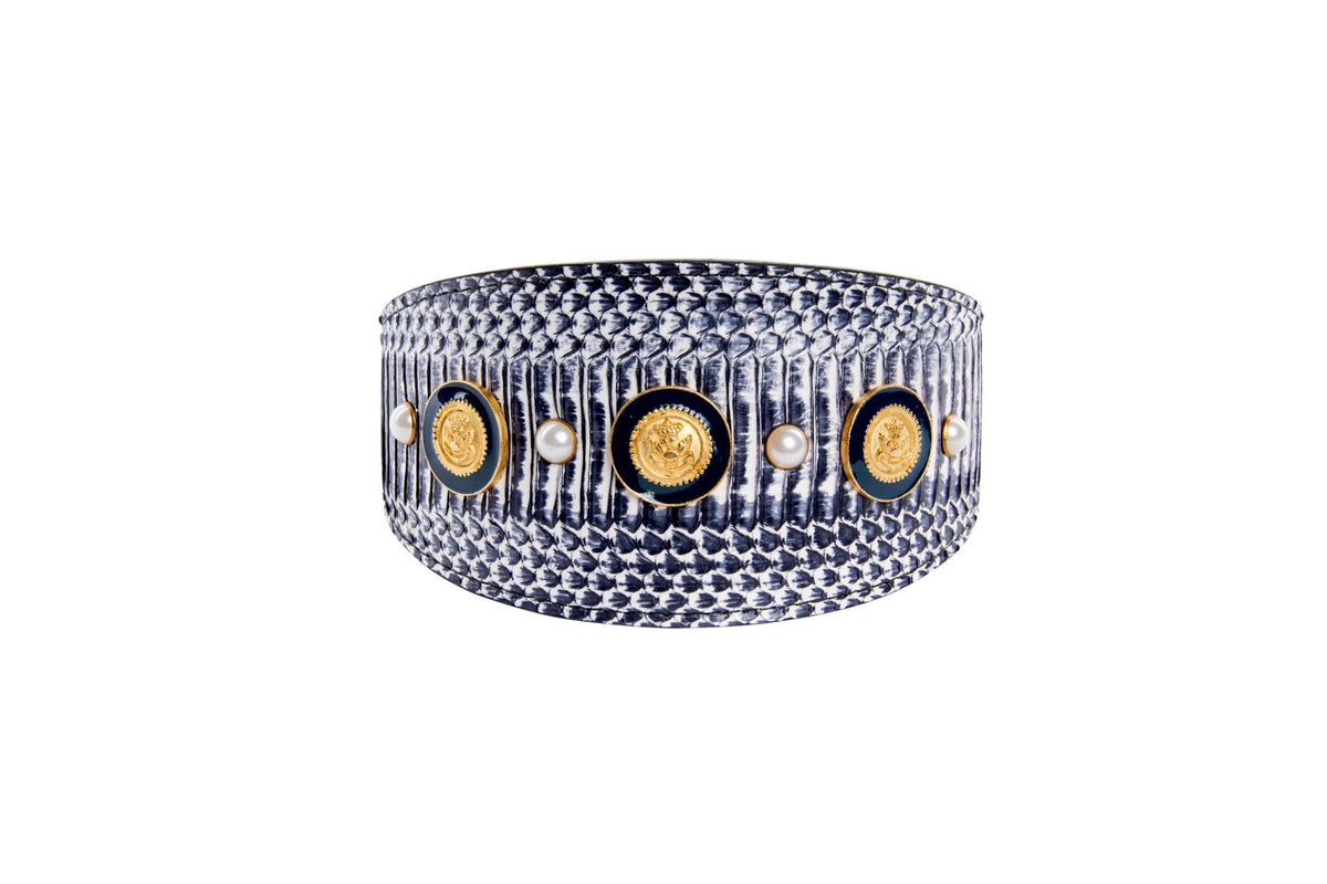 Allysa Payne Nautical Collection. White & Navy Snake With Nautical Navy & Gold Rivets & Pearls Dog Collar