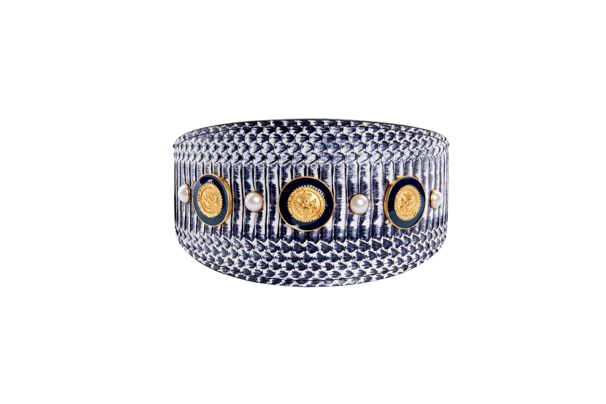 Nautical Collection. White & Navy Snake With Nautical Navy & Gold Rivets & Pearls
