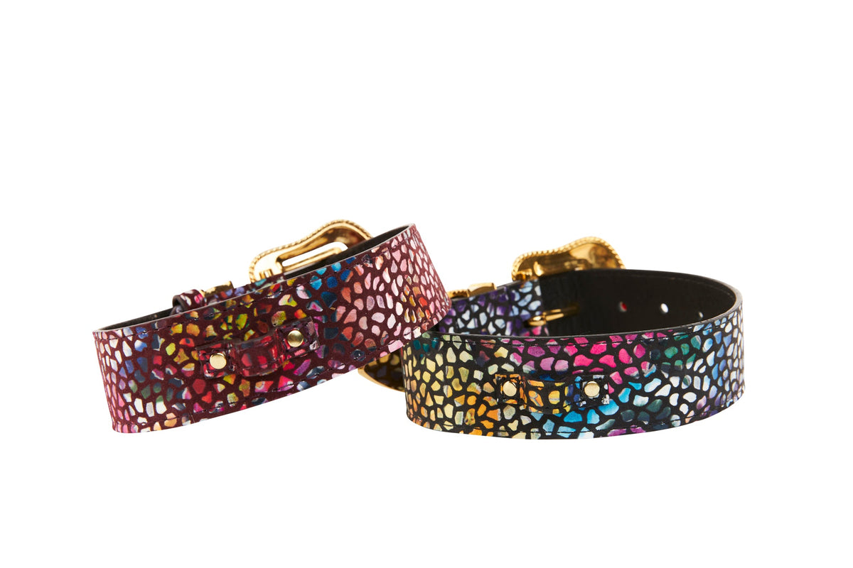 Allysa Payne Luxury Pet Fashion Burgundy Floral Mosaic & Black Floral Mosaic Italian Leather With Silver Swarovski Crystal Hardware Dog Collar