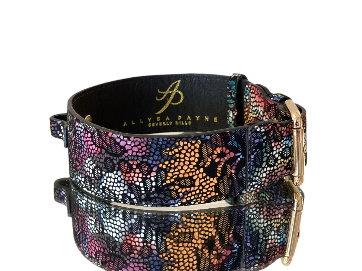 Allysa Payne Luxury Pet Fashion Black Floral Lace Italian Leather Dog Collar With Gold Classic Hardware
