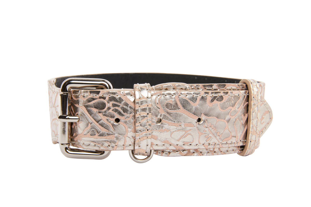 Allysa Payne Soft Pink/Silver Floral Print Italian Leather With Silver Classic Hardware Dog Collar