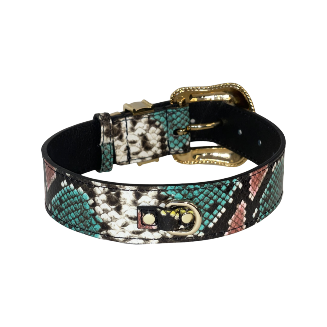 Allysa Payne Multi-Color Embossed Snake Italian Leather Dog Collar, with our Italian Made Swarovski Crystal Hardware