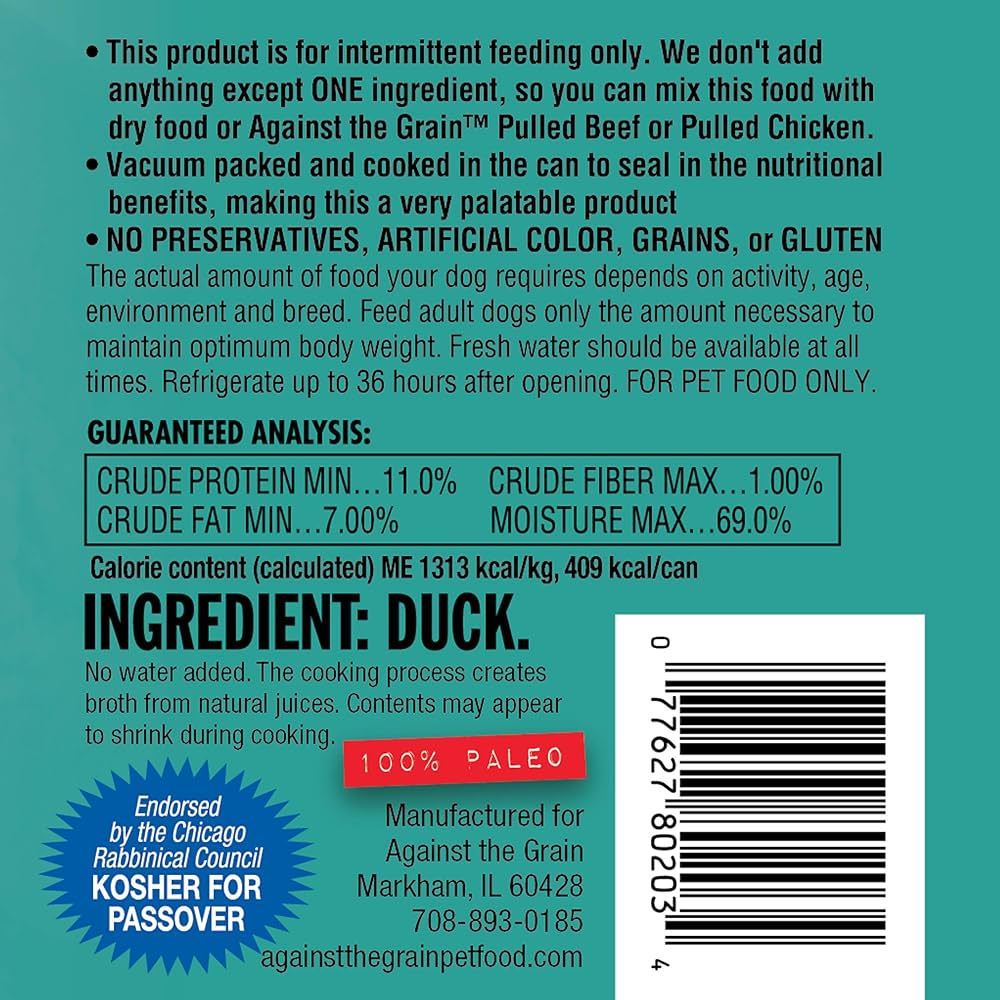 Against The Grain All Life Stages Nothing Else! 100% Duck Wet Dog Food (11oz)
