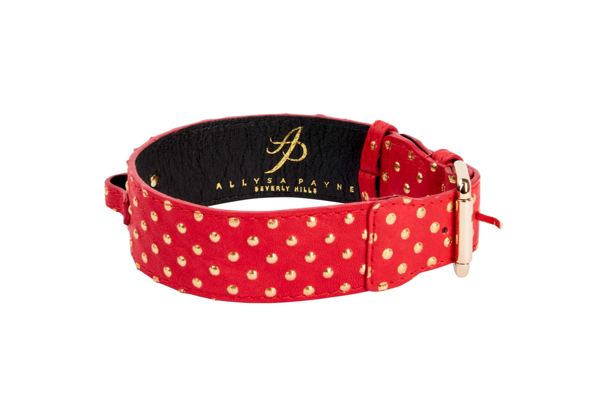 Allysa Payne Red & Gold Polka Dot Italian Leather Classic Dog Collar