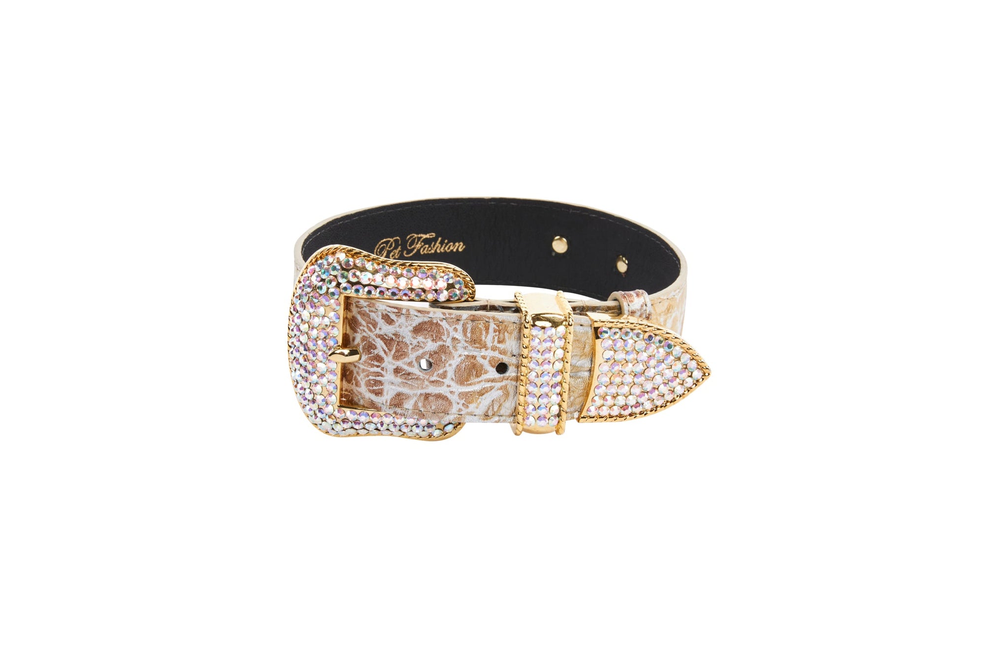 Allysa Payne Silver/Bronze/Gold Italian Leather Embossed Croc Swarovski Crystal Dog Collar