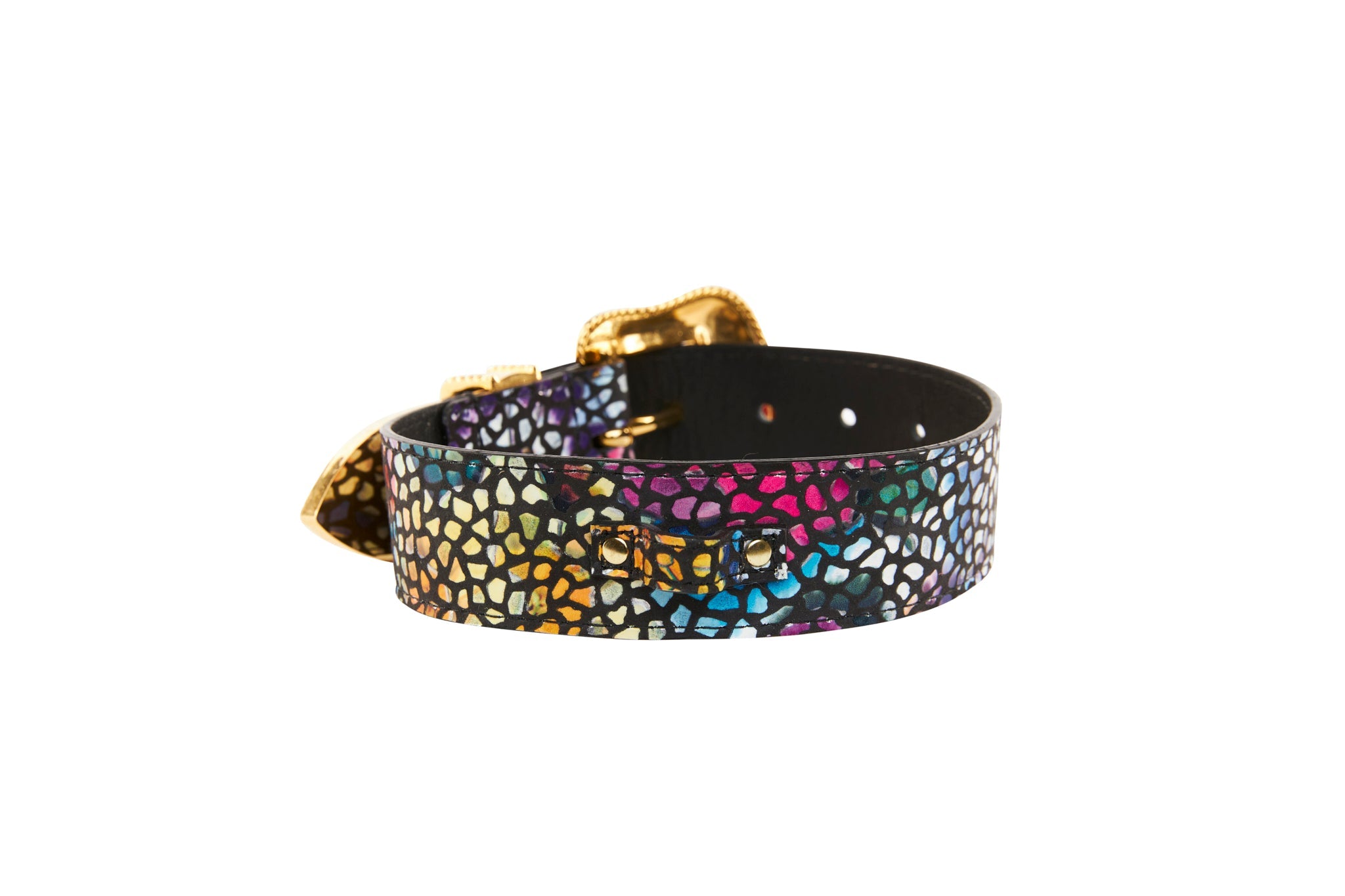 Luxury Pet Fashion Black Floral Mosaic Italian Leather With Gold Swarovski Crystal Hardware