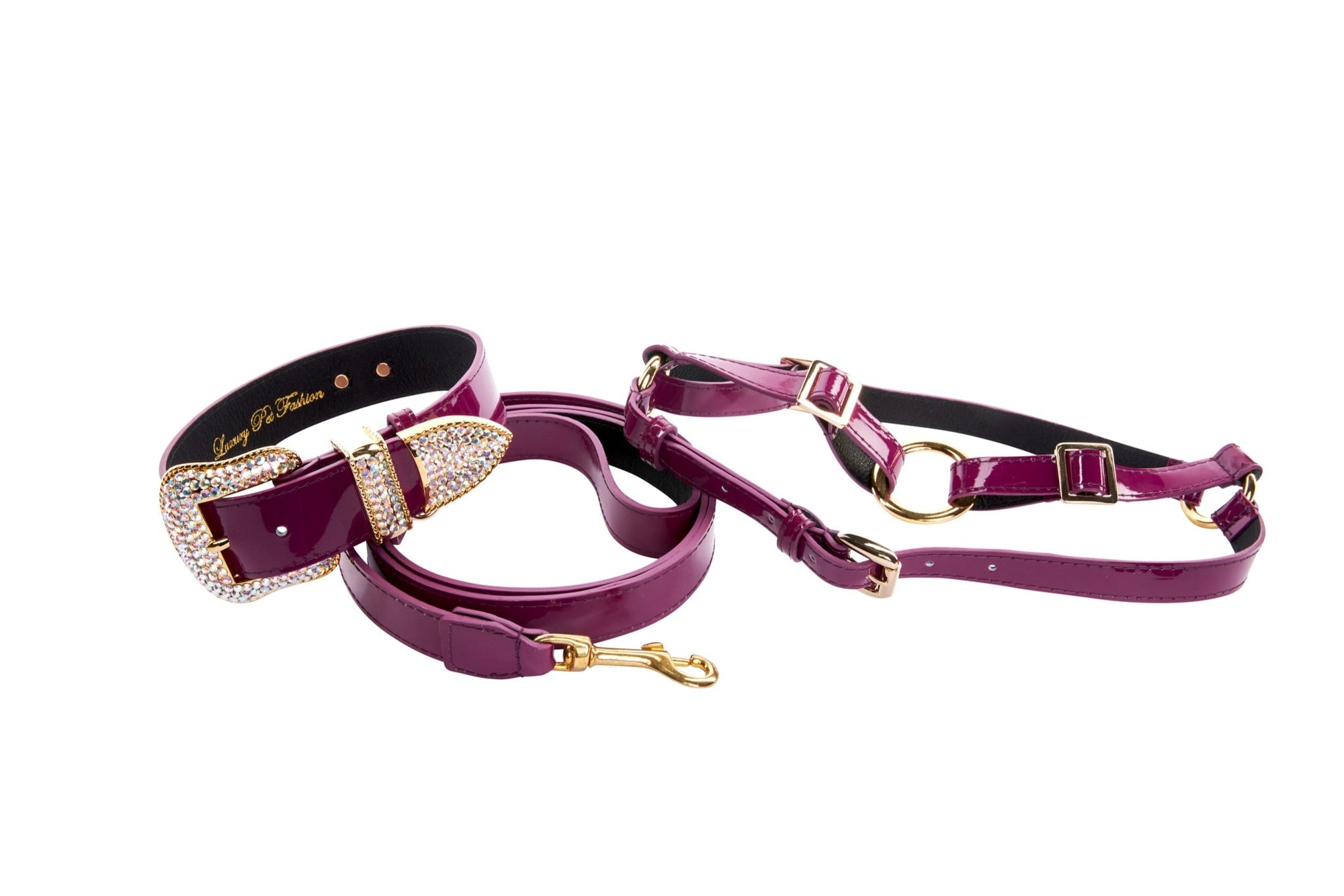 Allysa Payne Purple Patent Italian Leather/Swarovski Crystal Hardware Dog Collar, Leash & Harness Set