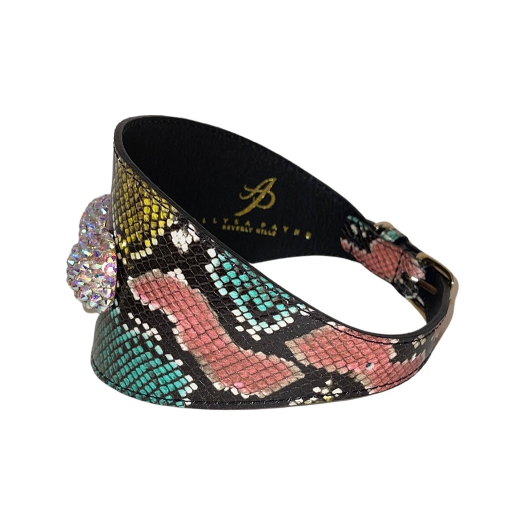 Allysa Payne Multi-Color Embossed Snake Italian Leather Wide Style Dog Collar With Custom Swarovski Crystal Rivets