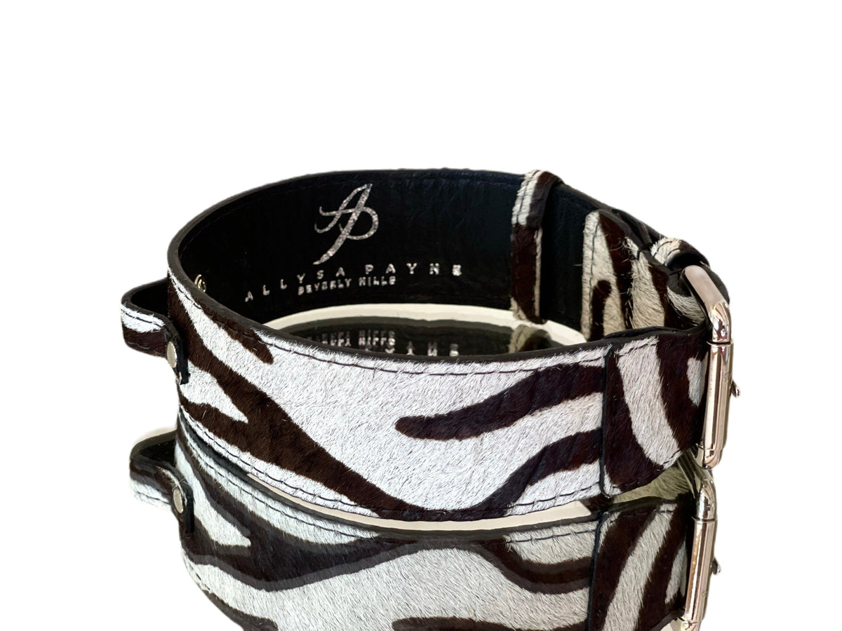 Allysa Payne Luxury Pet Fashion Zebra Print Hair On Hide Italian Leather Dog Collar With Classic Hardware