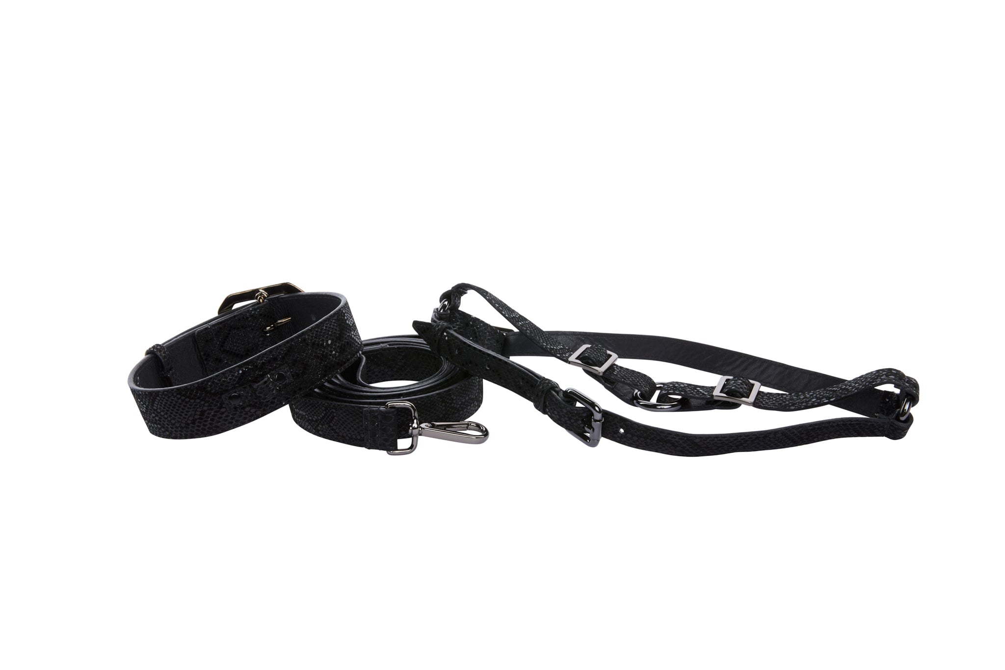 Glamorous Black Snake Print Italian Leather With Gun Metal Grey Hardware Collar, Leash, Harness, Set