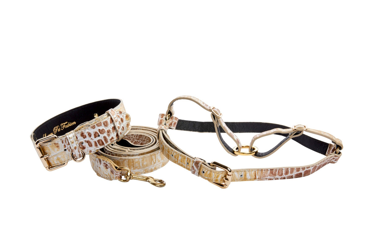 Allysa Payne Silver/Bronze/Gold Italian Leather Embossed Croc Classic Dog Collar, Leash & Harness Set