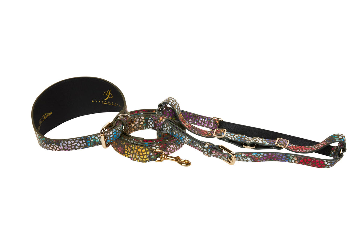Allysa Payne Olive Floral Mosaic Italian Leather 3-Inch Wide Style Dog Collar, Leash & Harness Set
