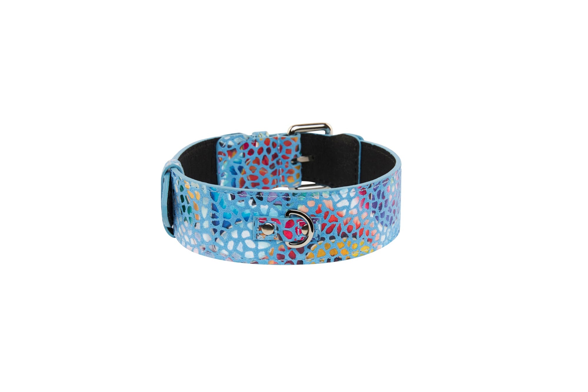 Allysa Payne Luxury Pet Fashion Blue Floral Mosaic Italian Leather Dog Collar