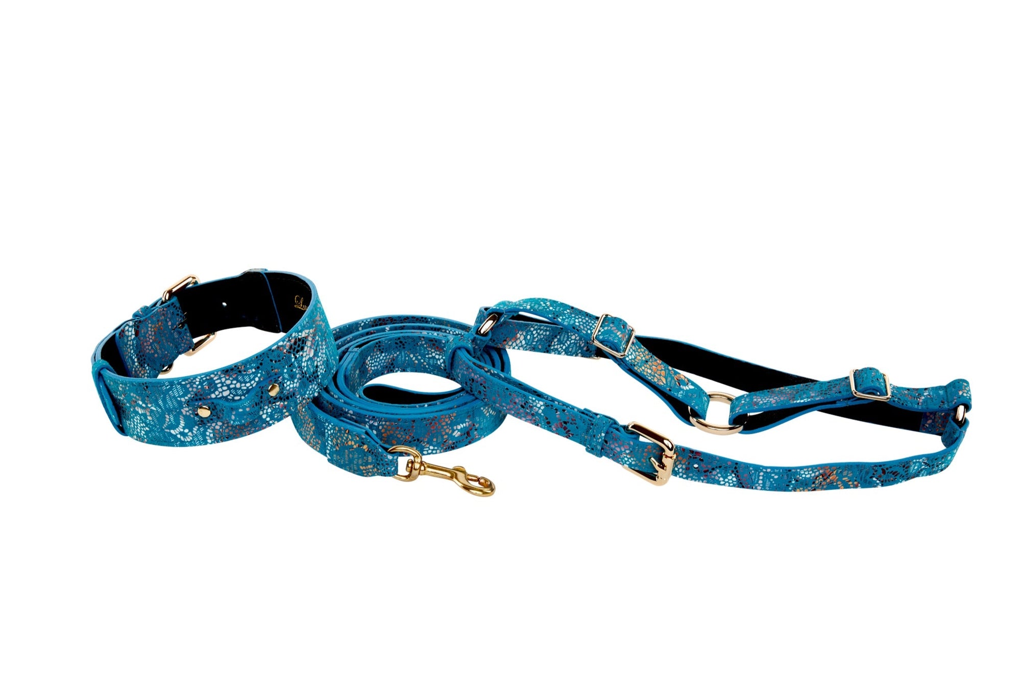 Allysa Payne Blue Floral Mosaic Italian Leather/Classic Dog Collar, Leash & Harness Set