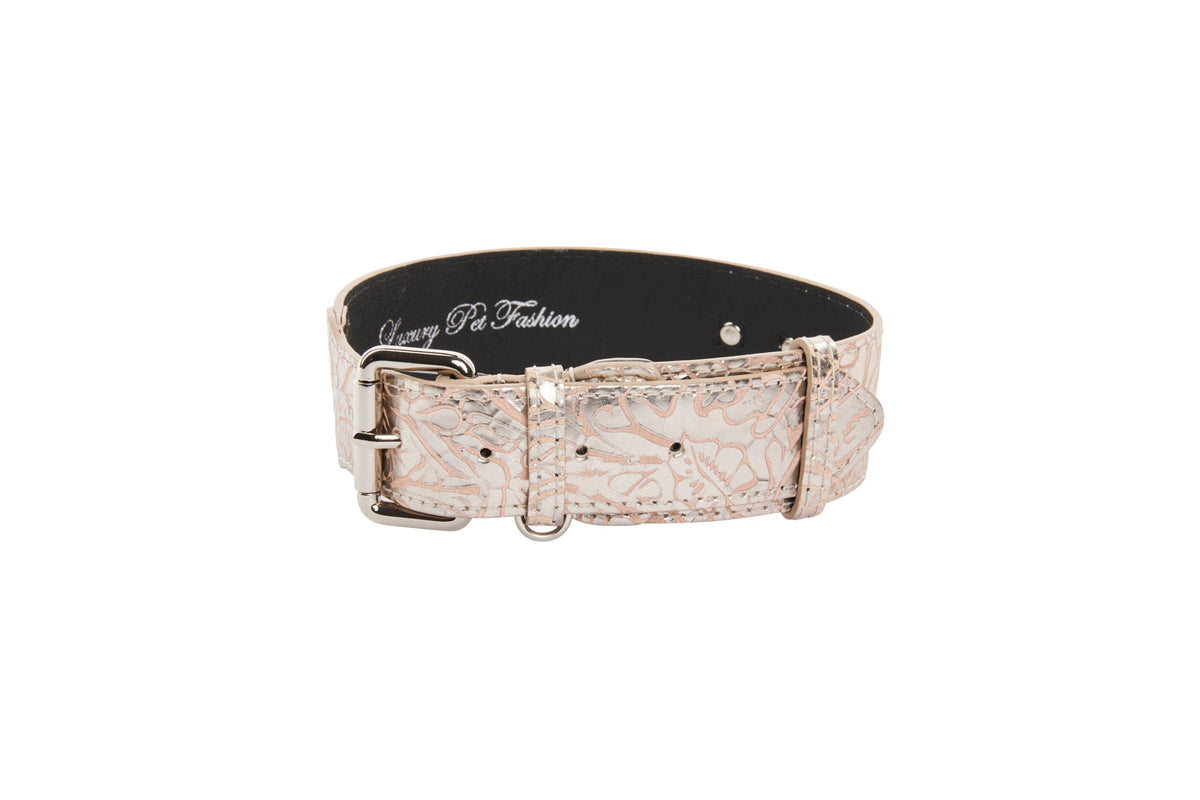 Allysa Payne Soft Pink/Silver Floral Print Italian Leather With Silver Classic Hardware Dog Collar